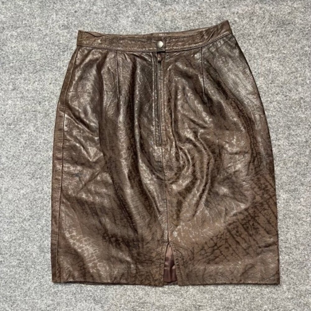 Glen Wood Womens Straight Skirt Brown Leather Knee Length Textured Slit Zipper 6 - Picture 1 of 10